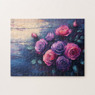 Pink and Purple Roses on Wood Jigsaw Puzzle