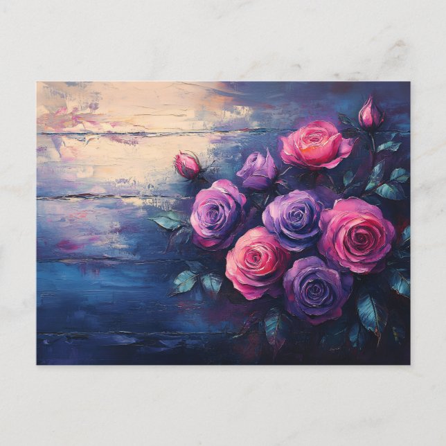 Pink and Purple Roses on Wood Postcard (Front)