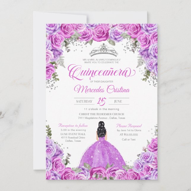Pink and Purple Roses & Silver Tiara Quinceanera I Invitation (Front)
