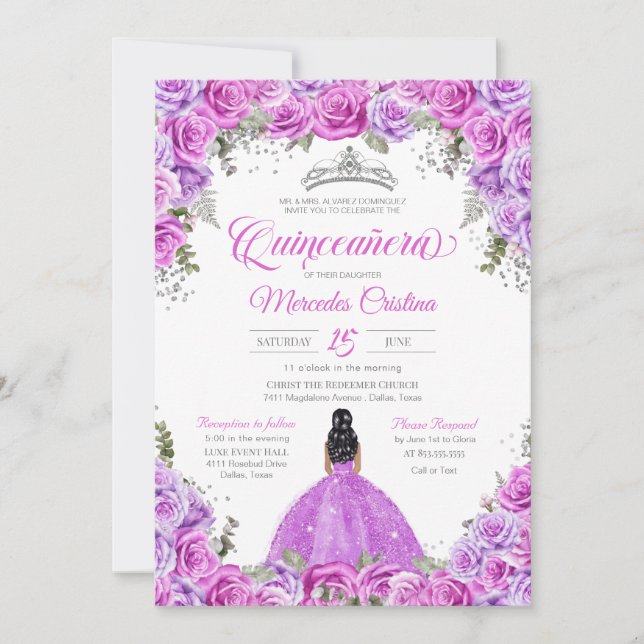 Pink and Purple Roses & Silver Tiara Quinceanera Invitation (Front)