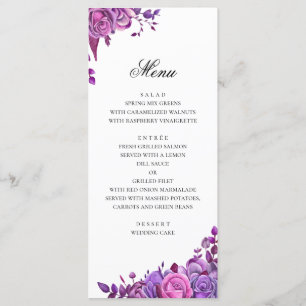 Pink and purple roses. Watercolor floral wedding Menu