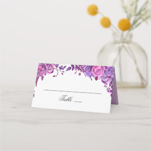 Pink and purple roses. Watercolor flowers wedding Place Card