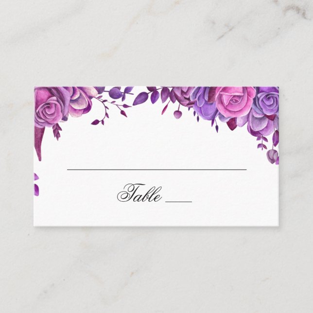 Pink and purple roses. Watercolor flowers wedding Place Card (Front)