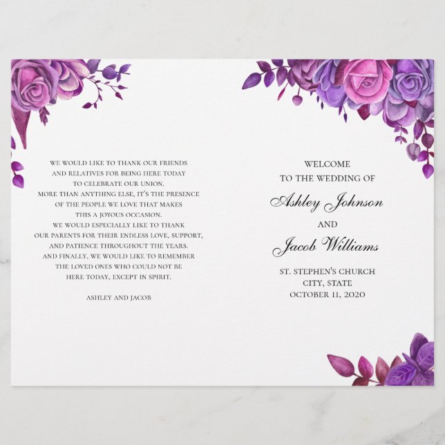 Pink and purple roses. Wedding program folded (Front)