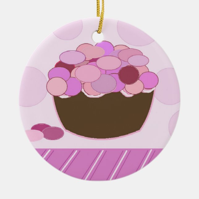 Pink and Purple Smartie Cupcake Ceramic Tree Decoration (Front)