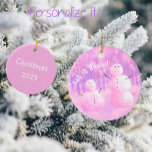 Pink and Purple Snowman Ceramic Tree Decoration<br><div class="desc">So Cute. These pink and purple snowmen ornament may be personalised on the back with your own message. Perfect on the Christmas Tree!</div>