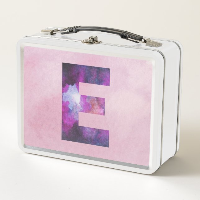 Pink and Purple Space Galaxy Letter E Metal Lunch Box (Front)