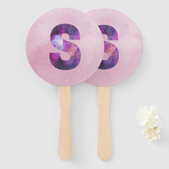 Pink and Purple Space Galaxy Letter S Hand Fan (Front and Back)