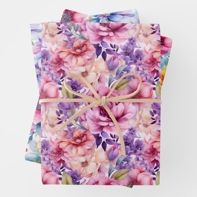 PINK AND PURPLE SPRING FLORALS WRAPPING PAPER SHEET (In situ)