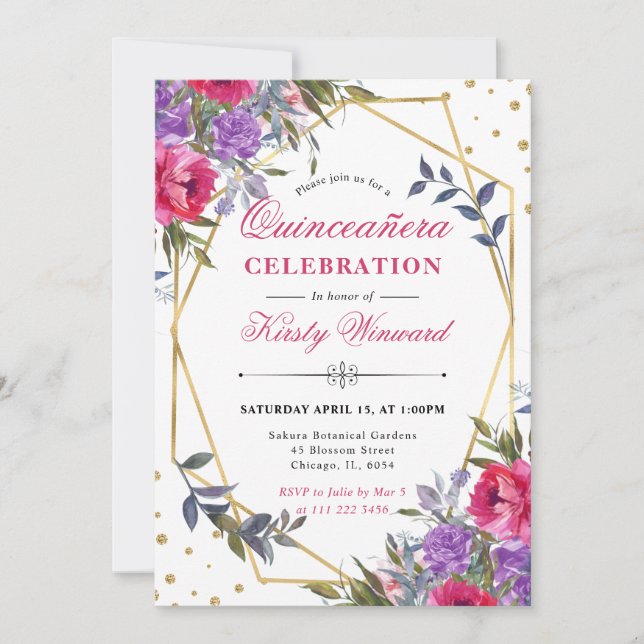 Pink and Purple Spring Flowers Frame Quinceanera Invitation (Front)