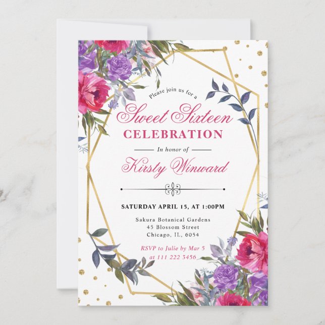 Pink and Purple Spring Flowers Frame Sweet 16 Invitation (Front)