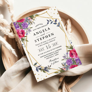 Pink and Purple Spring Flowers Gold Frame Wedding Invitation