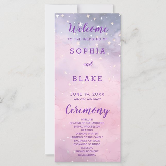 Pink and Purple Stars Celestial Wedding Program (Front)