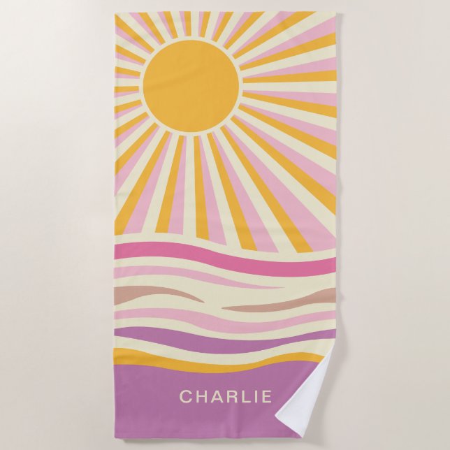 Pink and Purple Sunset Waves Beach Towel (Front)