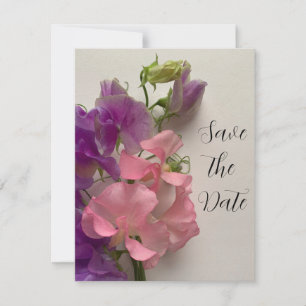 Pink and purple sweet peas on grey save the date