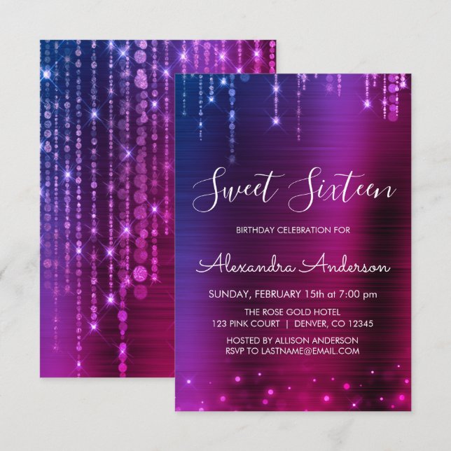 Pink and Purple Sweet Sixteen Birthday Invitation (Front/Back)