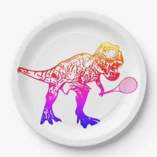 Pink and Purple T-Rex Dinosaur Tennis Player Paper Plate