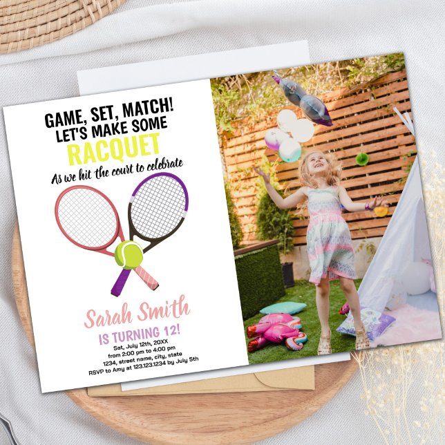 Pink and Purple Tennis Birthday Invitation (Pink Purple Tennis Birthday Invitations w photo)