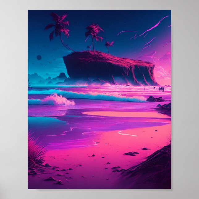 Pink and Purple Tropical Waves and Palm Trees Poster (Front)