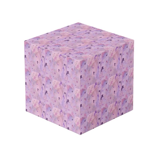pink and purple unicorn and stars pattern cube (Front Angled)