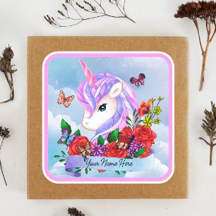 Pink and purple unicorn with red roses square sticker