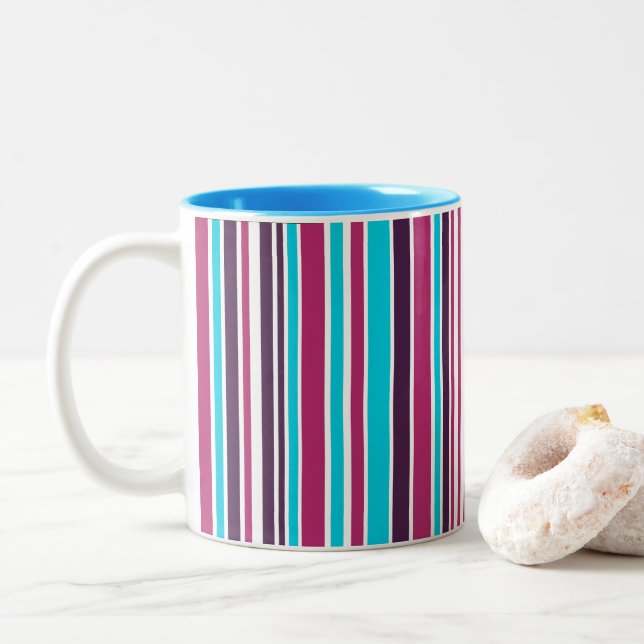 Pink And Purple Violet Striped Two-Tone Coffee Mug (With Donut)