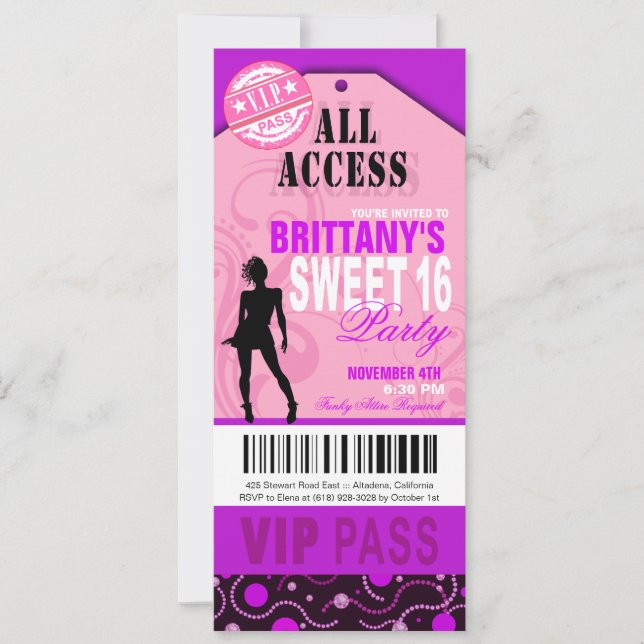 Pink and Purple VIP Sweet 16 Ticket Party Invitation (Front)