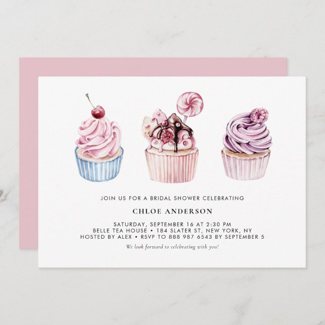 Pink and Purple Watercolor Cupcakes Bridal Shower Invitation (Front/Back)