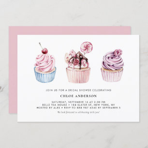 Pink and Purple Watercolor Cupcakes Bridal Shower Invitation