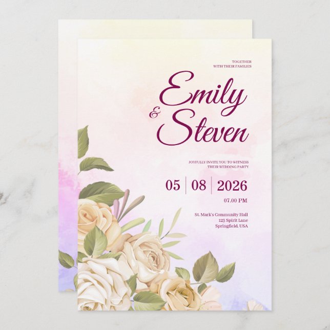 Pink and Purple Watercolor Elegance Wedding Invitation (Front/Back)