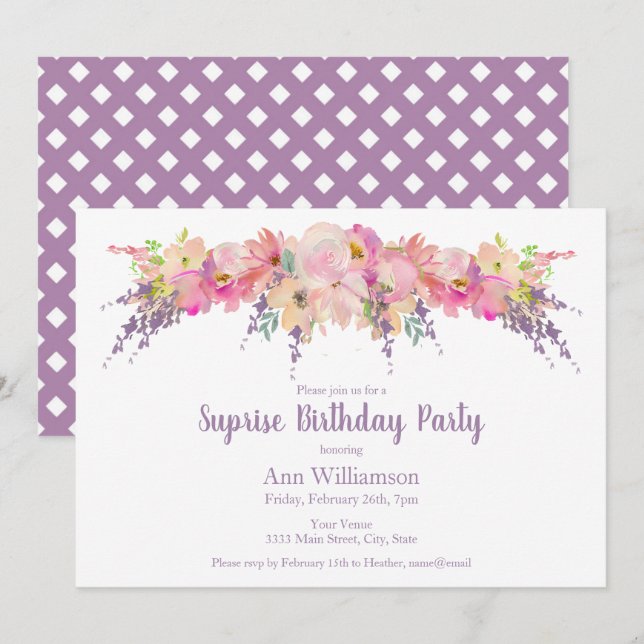 Pink and Purple Watercolor Floral Birthday Invitation (Front/Back)