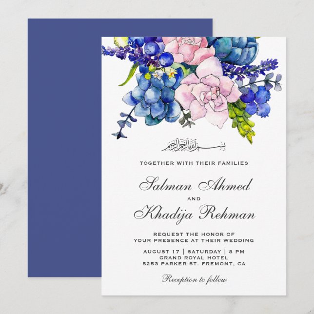 Pink and Purple Watercolor Floral Islamic Wedding Invitation (Front/Back)