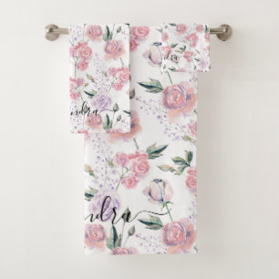 Pink and Purple Watercolor Floral Pattern Custom Bath Towel Set