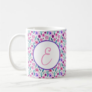 Pink and purple watercolor floral pattern monogram coffee mug