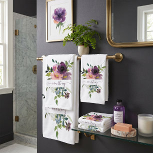 Pink and purple watercolor floral personalised  bath towel set