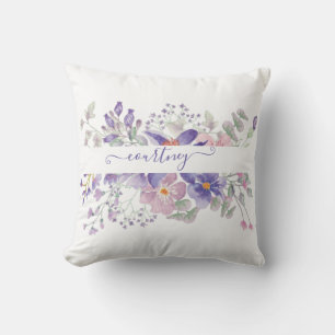 Pink and purple watercolor floral personalised  cushion