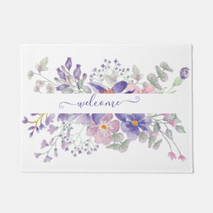 Pink and purple watercolor floral personalised doormat