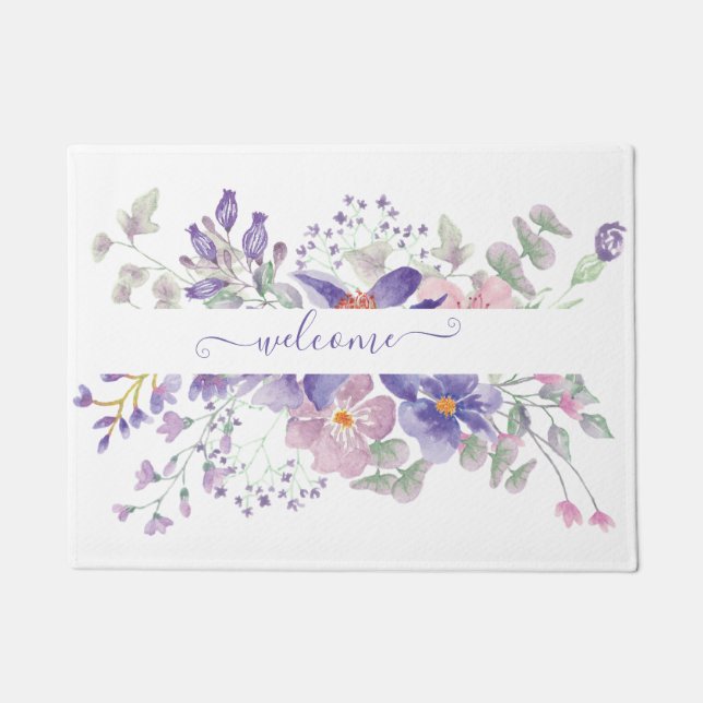 Pink and purple watercolor floral personalised   doormat (Front)