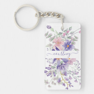 Pink and purple watercolor floral personalised  key ring
