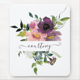 Pink and purple watercolor floral personalised mouse mat