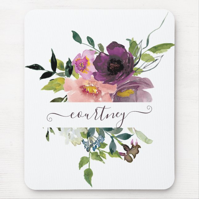 Pink and purple watercolor floral personalised  mouse mat (Front)