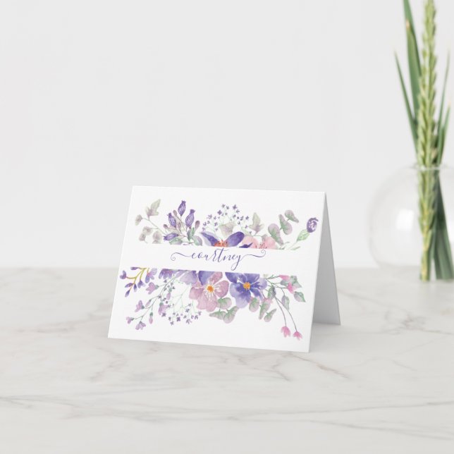 Pink and purple watercolor floral personalised  note card (Front)