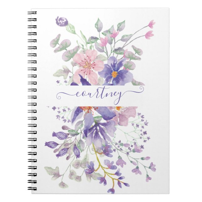 Pink and purple watercolor floral personalised notebook (Front)