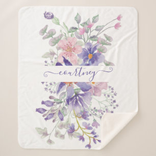 Pink and purple watercolor floral personalised   sherpa blanket