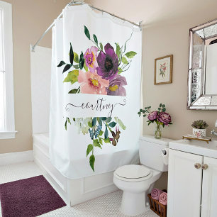 Pink and purple watercolor floral personalised  shower curtain