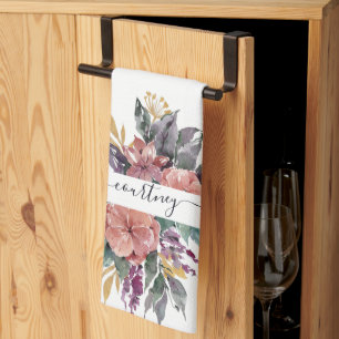 Pink and purple watercolor floral personalised tea towel