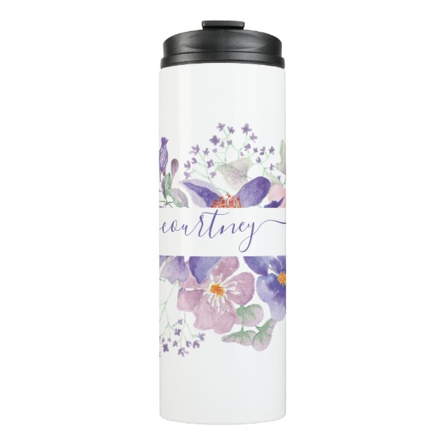 Pink and purple watercolor floral personalised   thermal tumbler (Front)