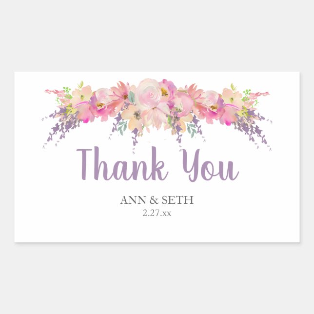 Pink and Purple Watercolor Floral Rectangular Sticker (Front)