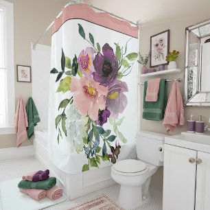 Pink and purple watercolor floral shower curtain