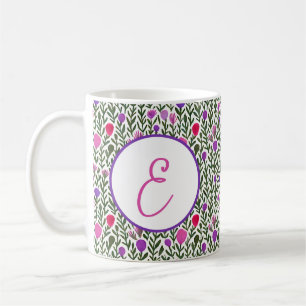 Pink and purple watercolor flowers monogram coffee mug